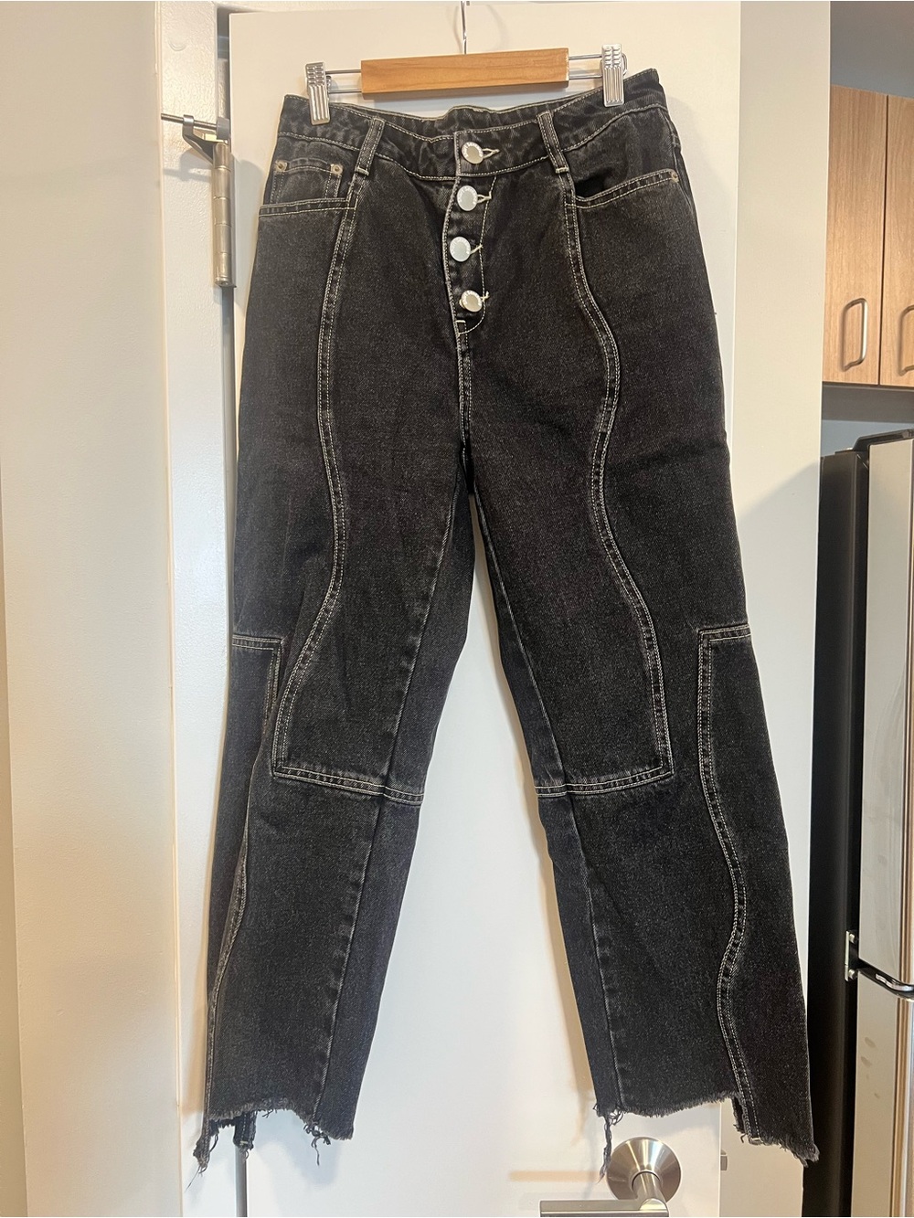 Women's Black High-Rise Straight Leg Jeans with Button-Fly Detail